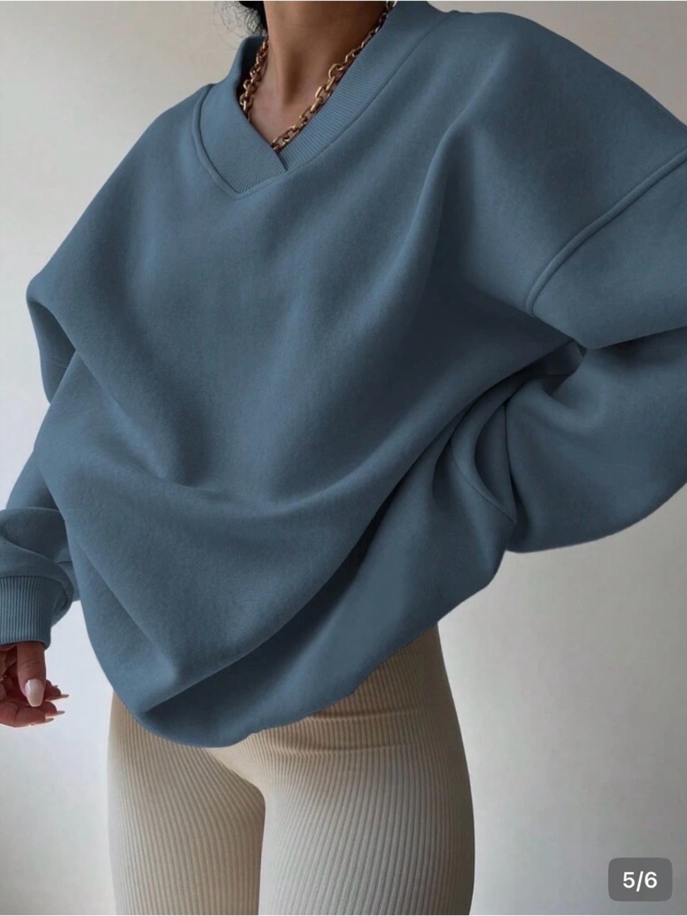 Oversized Slate Blue V-Neck Women's Sweater